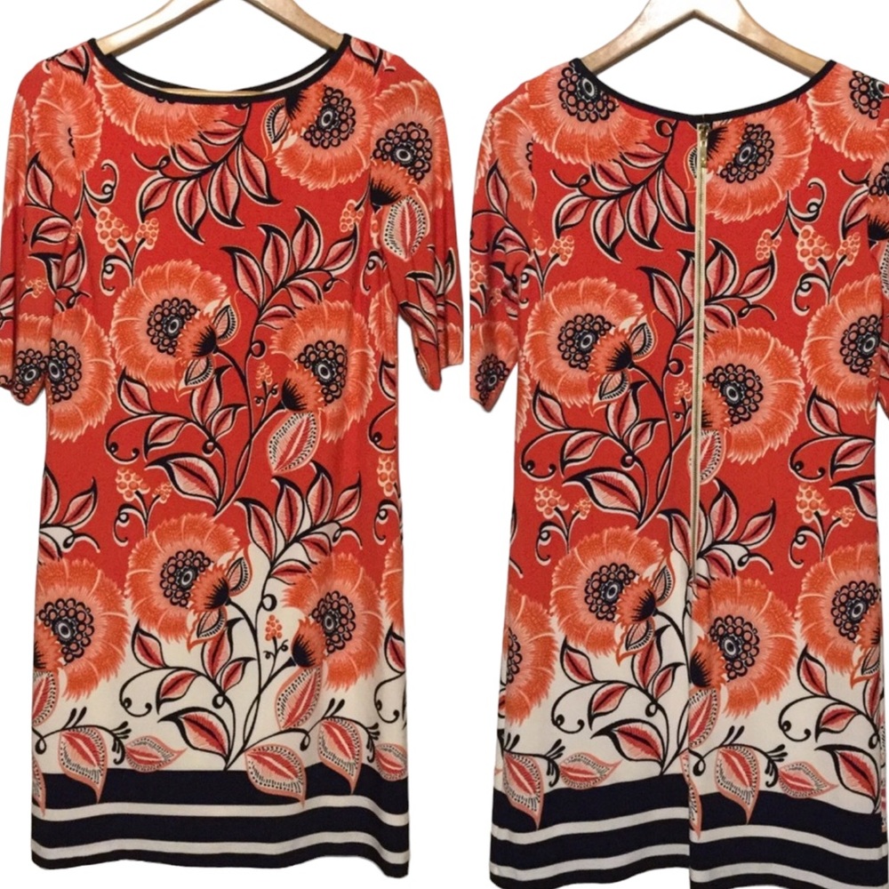 ELIZA J sz 8 Shift Dress Spandex Blend Floral Back Exposed Zipper Orange Blue
